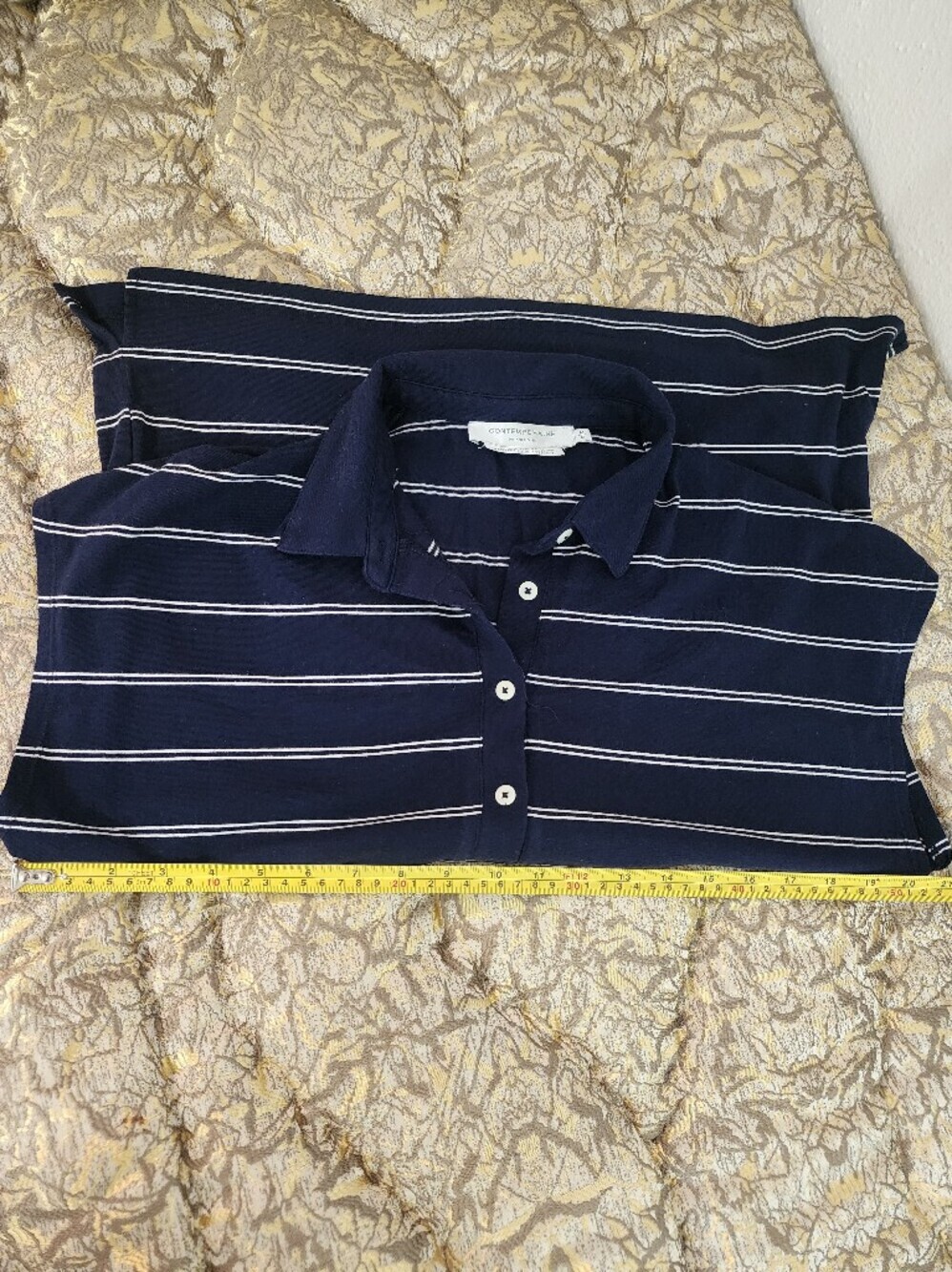 Simons Contemporaine Organic Cotton Navy & White Striped Preppy Polo Button-Down - Picture 8 of 8